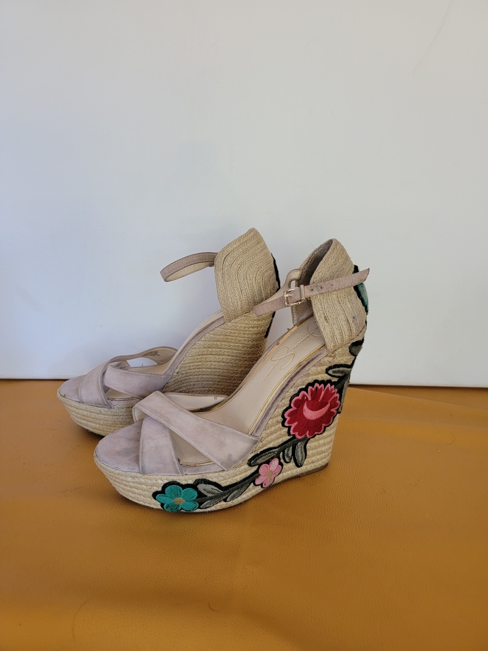Jessica Simpson Woven Espadrille Wedge Sandals with Floral Embroidery - Pink